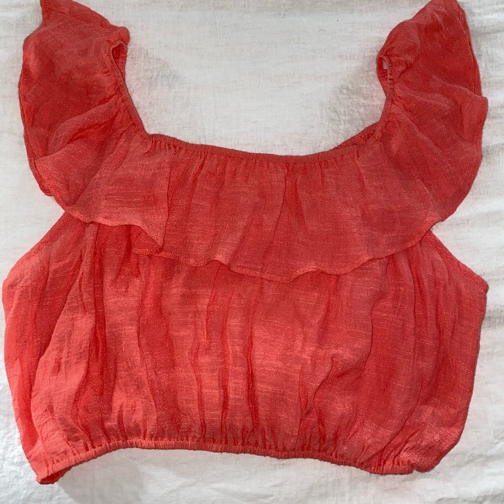 NWT Coral/Orange Sheer Off The Shoulder Crop Top